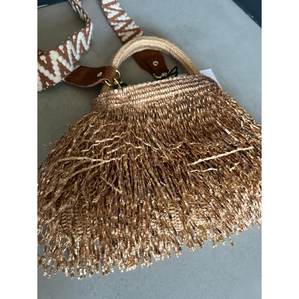 ViaMailBag Italy Rose Gold Glitter Fringe Straw Bucket Bag Boho Summer Festival - Picture 4 of 16